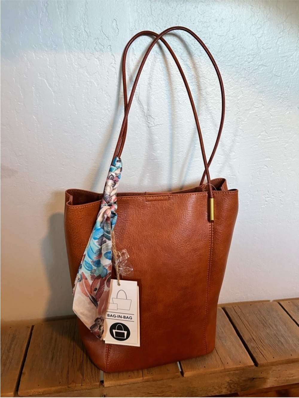 Antik Kraft Cognac Leather Tote with Scarf Accent